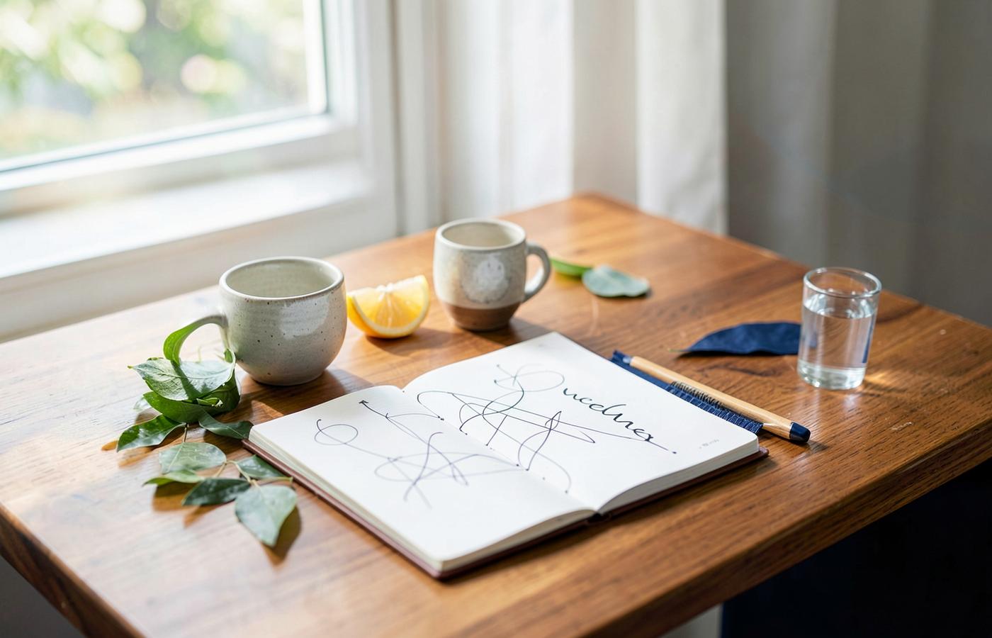 Notebook, water, citrus and a calm morning desk routine
